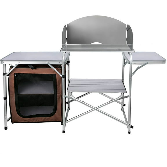 Portable Camping Kitchen Table - Foldable Picnic Cabinet with Storage Rack for Outdoor Cooking, Brown