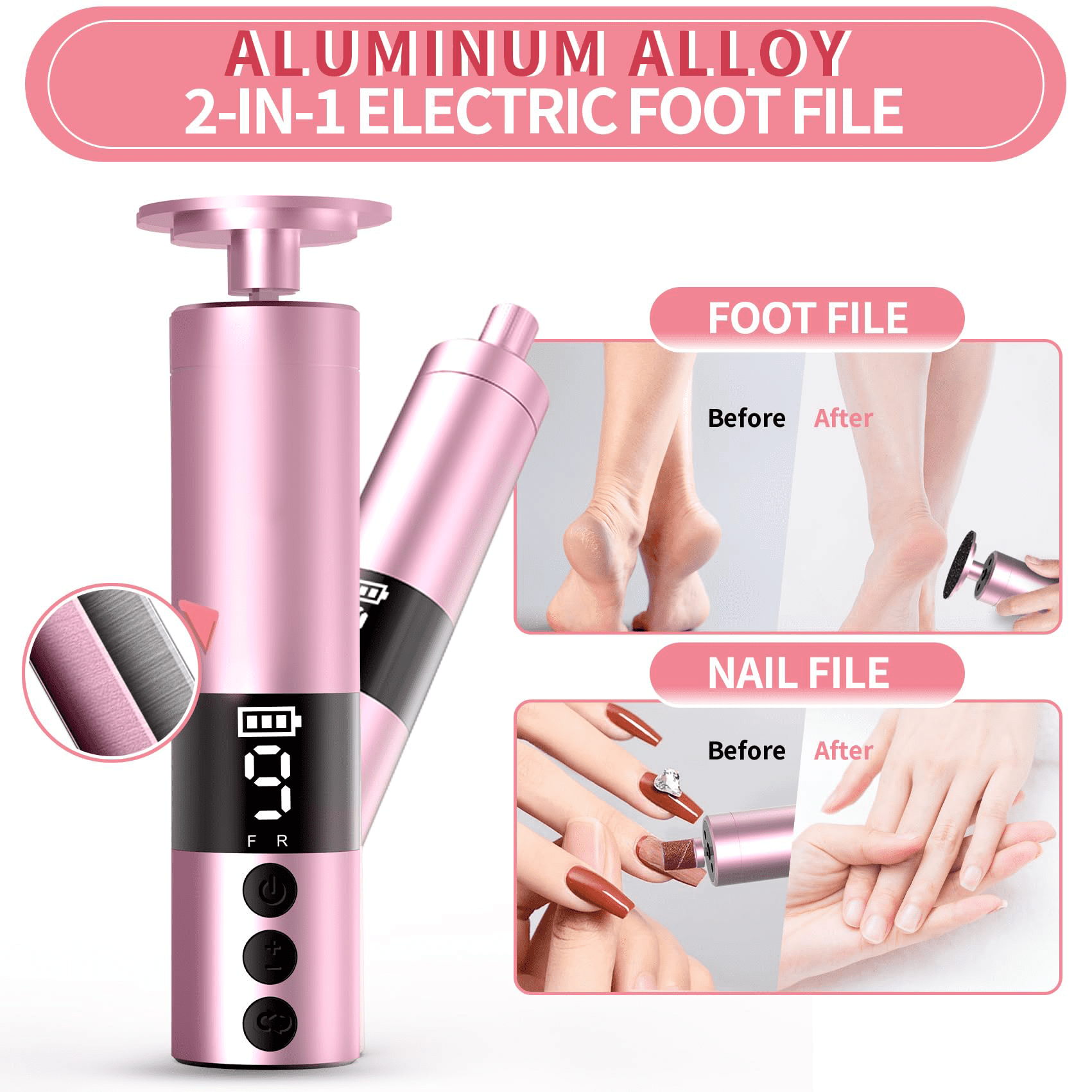 JUUTREN Callus Remover for Feet - Electric Foot File&Nail Grinder 2in1, Rechargeable Dermave Electric Foot Callus Remover with 30 Sandpaper Discs, Cordless Pedicure Tool for Dead Skin Removal, 9Speed