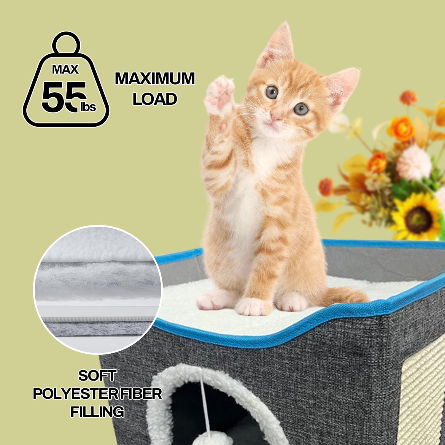 Behome Cat Bed, Cat Cave with Fluffy Ball and Scratch Pad, Foldable Cat Condo Hideaway with Reversible Cushion for Multi Small Pet, Dark Grey