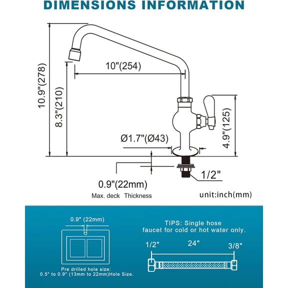 Single Hole Cold Water Faucet: 10" Swing Spout Deck Mount Kitchen Faucet with Single Handle - Brass Utility Sink Modern Commercial Bar Rv Faucet for Kitchen Farmhouse