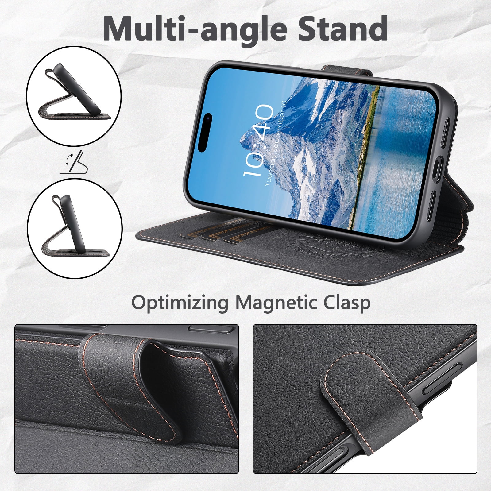 For iPhone 15 Pro Max Wallet Phone Case,Magnetic Detachable PU Leather Flip Design,Compatible with Mag-Safe,With Card Slots,Kickstand,Magnetic Closure Shockproof Anti-Fall Rugged Phone Case,Black