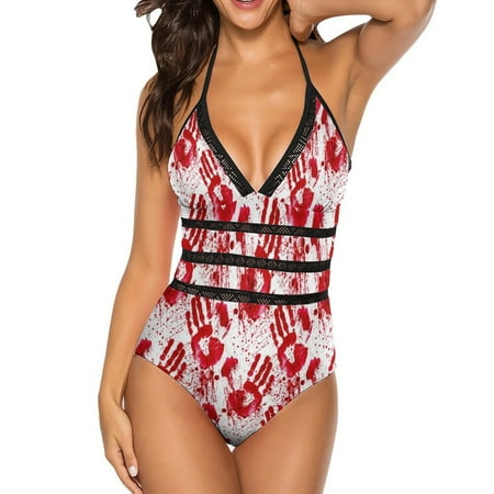 One Piece Swimsuit Women Tummy Control - V Neck Bloody Hand A Halter Swim Suits for Women 2025  Padded Full Coverage Swim Bathing Suit for Women