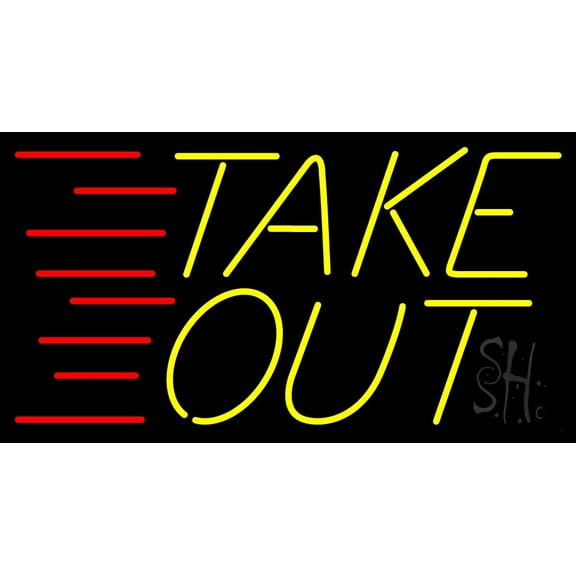 Yellow Take Out LED Neon Sign 20 x 37 - inches, Clear Edge Cut Acrylic Backing, with Dimmer - Bright and Premium built indoor LED Neon Sign for Bar decor.