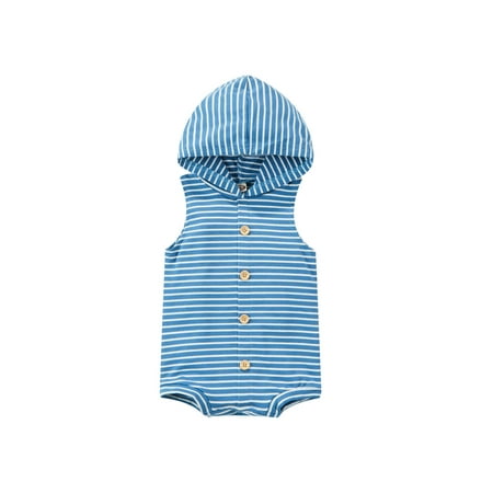 

Nokpsedcb Newborn Infants Baby Boy Girl Romper Hooded Stripe Printed Sleeveless Buttons One Piece Jumpsuit Blue 6-9 Months