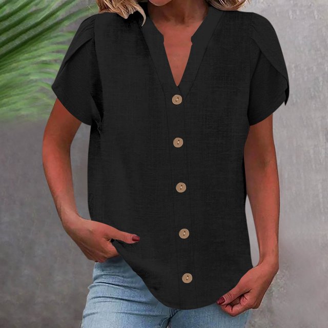 asjyhkr Womens Ruffle Short Sleeve Shirts Button down Linen Cotton Summer Casual Tops Solid Color