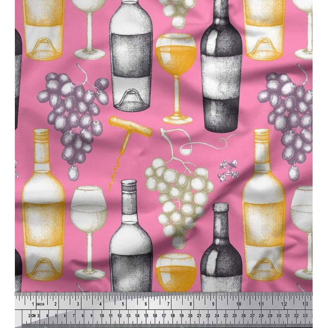 Soimoi Modal Satin Fabric Grapes,Wine Glass & Bottle Decor Fabric Printed Yard 42 Inch Wide