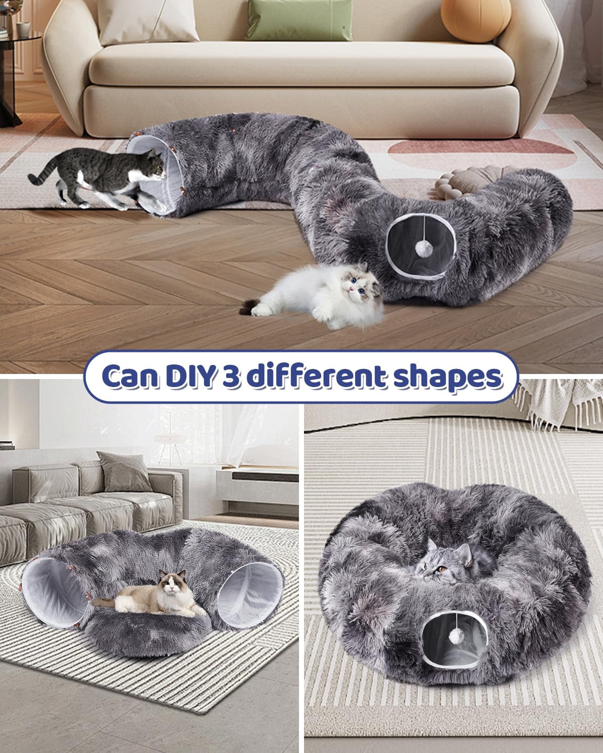 Cat Tunnel Bed With 20 Interactive Toys  3-in-1 Diy Collapsible Plush Tube Washable Mat Large Indoor Play Cave For Kittens And Small Animals