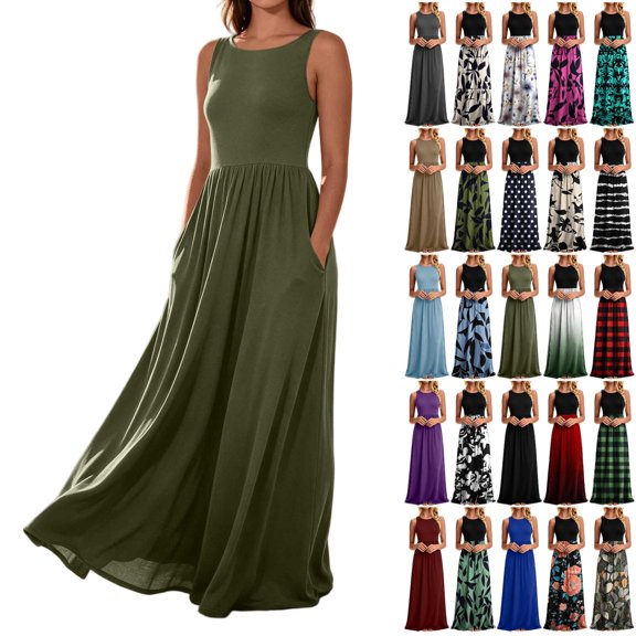 Tqcoqu Summer Maxi Dresses for Women,Sleeveless Casual Flowy Tiered Dress Vacation Beach Sundresses with Pockets