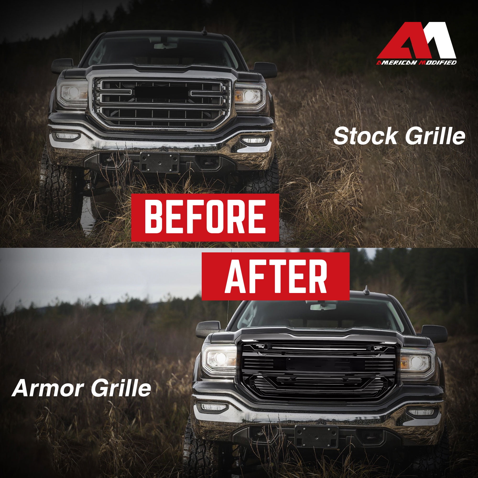 AMERICAN MODIFIED Armor Grille for 2016-2018 GMC Sierra 1500, Glossy Black