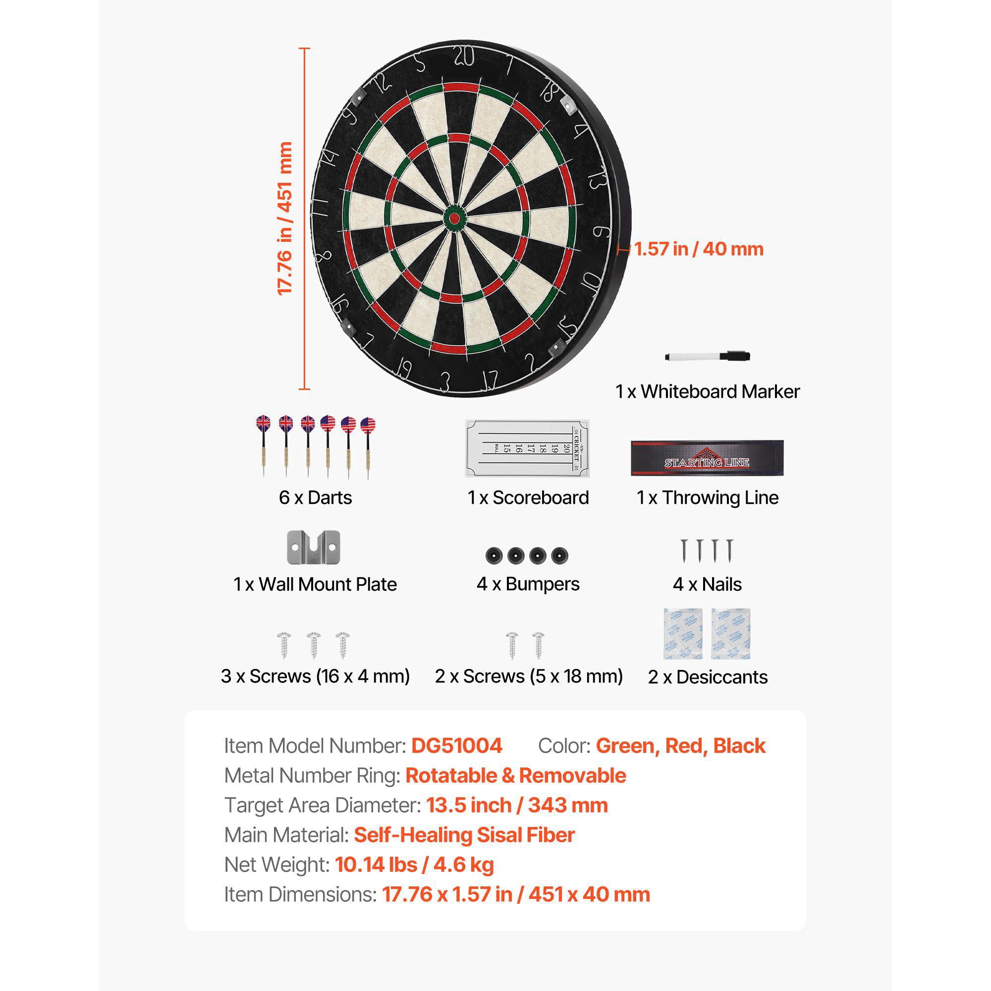 Professional Steel Tip Dartboard Set with 6 Darts and Scoring Kit 17.7 Inch Self Healing Sisal Fibers Staple Free Bullseye Rotating Number Ring for Home Game Room Party