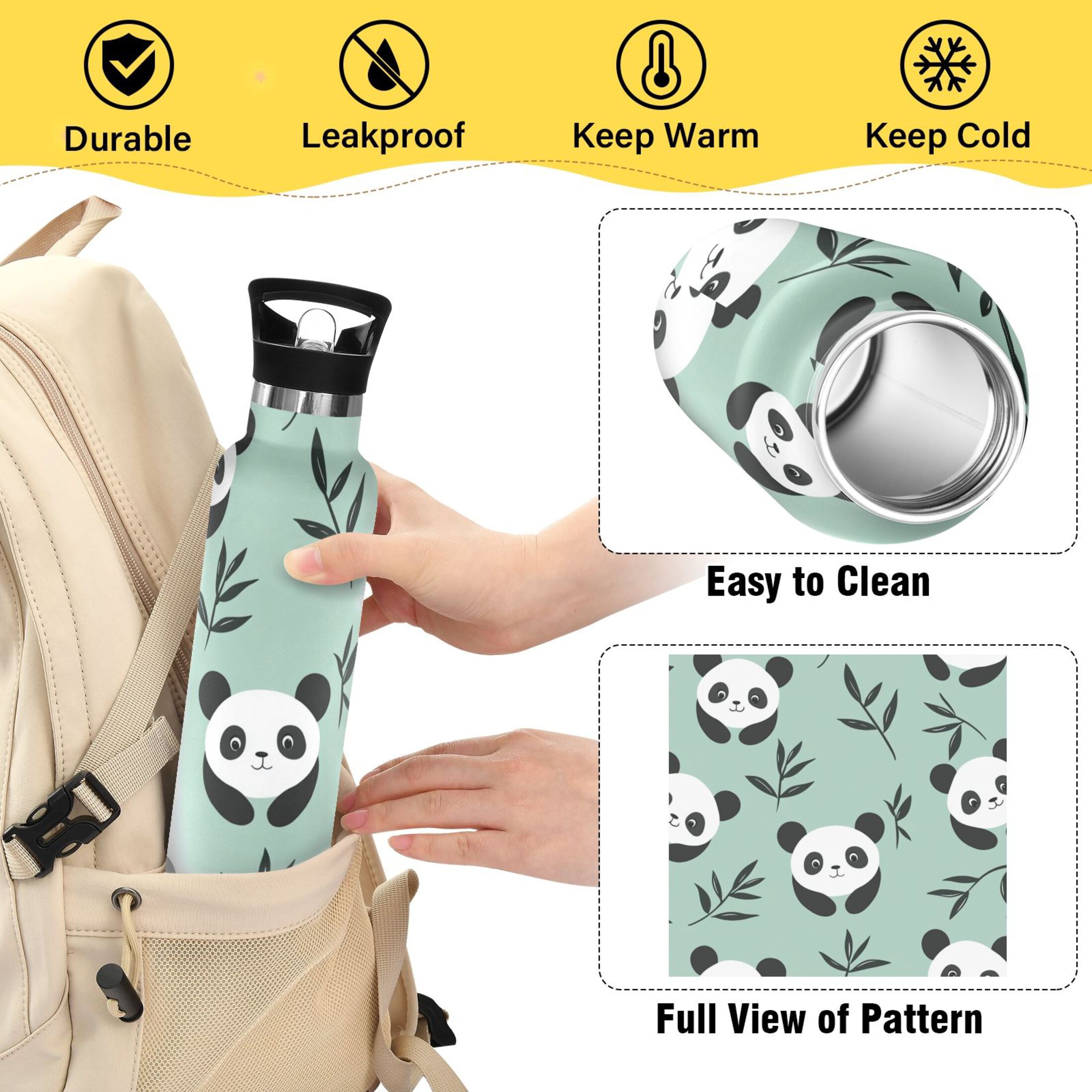 Kids Insulated Stainless Steel Sports Water Bottle 600ml (20oz) Cute Pandas