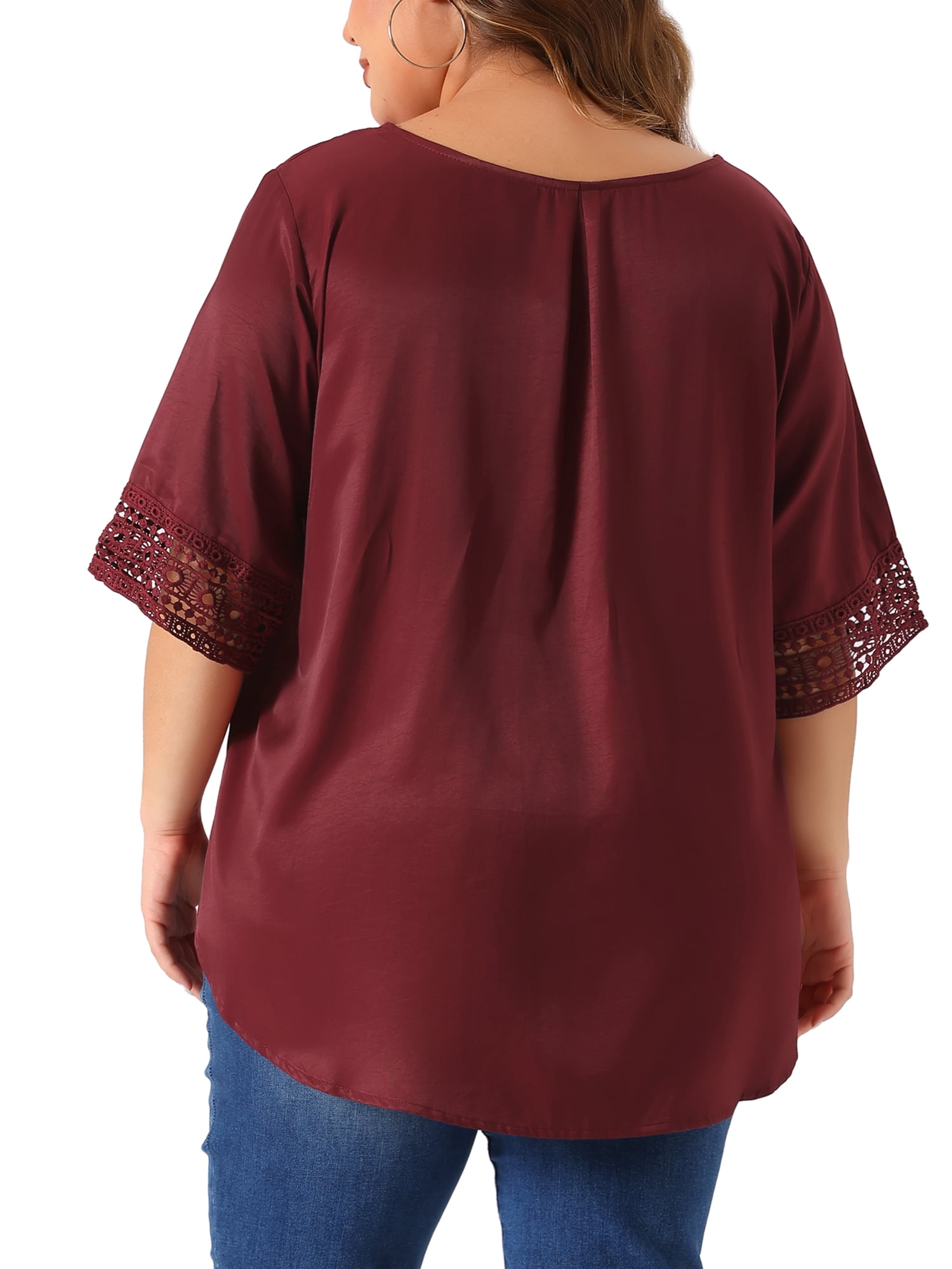 Women's Plus Summer Tops Lace Crochet Short Sleeve Casual Blouses 4X Burgundy