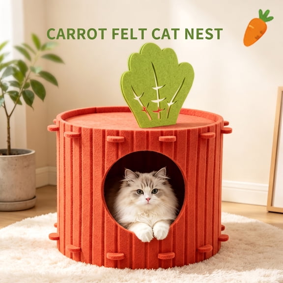 Carrot Theme Felt Rabbit Hideout Bed, Soft Small Animal Hideaway Hut, Cozy Bunny Hiding House for Guinea Pig Ferret Chinchilla Hedgehog, 15.75"L x 15.75"W x 11.81"H