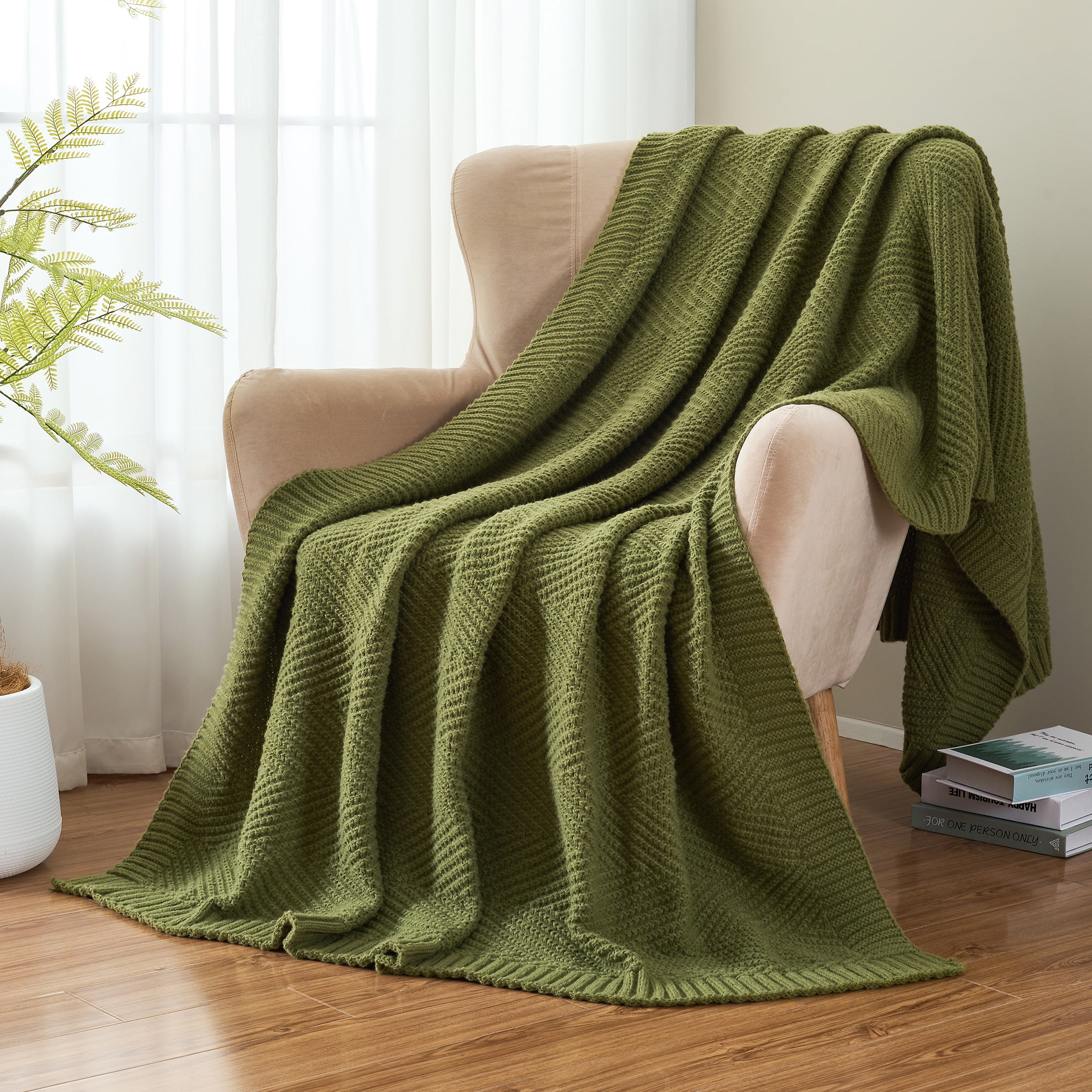 LONG CREATE Soft Knitted Throw Blanket 50" x 60" Olive Green, Boho Chevron Farmhouse Throw for Bed Couch
