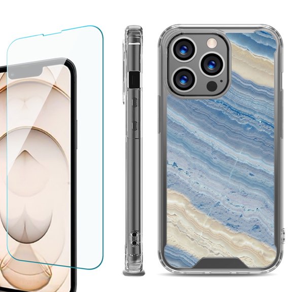 Shockproof Bumper Phone Case for iPhone 13 Pro Max, with Tempered Glass Screen Protector, by OneToughShield ® - Marble/ Marina Blue