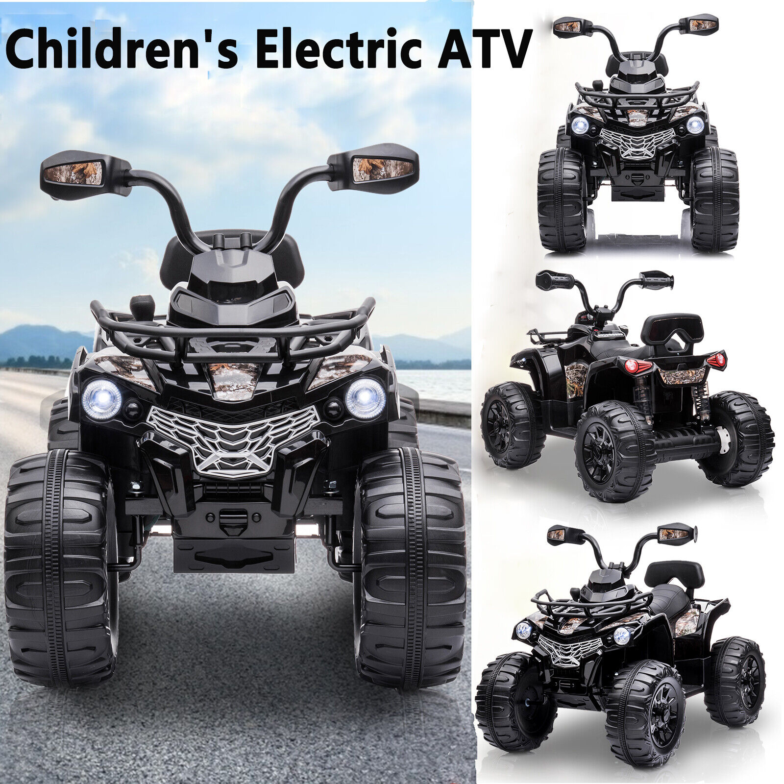 Lohoms 12V 4-Wheeler Kids Ride On Car ATV, Electric 12V Rechargeable Battery Powered Kid's Quad Car Toys, With LED Lights Music USB, 2 Speed, Black