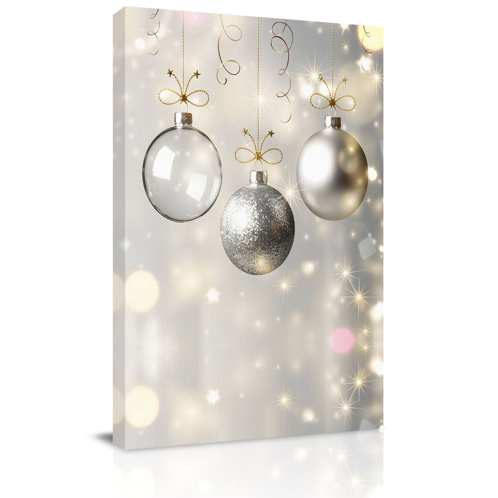 Canvas Wall Art Christmas Balls Framed Canvas Prints for Living Room Bedroom Silver Xmas Balls Glitter Sparkle Stars Gallery Wrapped Wall Decor for Home Office Gifts 24 x36 Ship Next Day