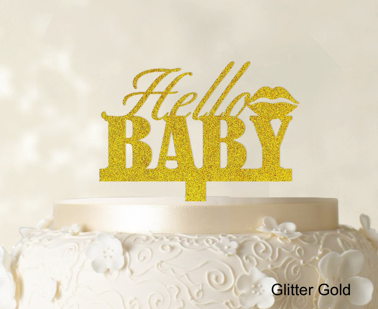 "Hello Baby Custom Cake Topper Personalized Glitter Yellow Cake Topper
