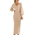 thumbnail image 2 of Styesk Robes pour Femmes Robe Chandail à Col en V pour Femmes Manches Longues Bouffantes Ajustée Moulante Automne Hiver en Tricot Côtelé Robes, 2 of 8