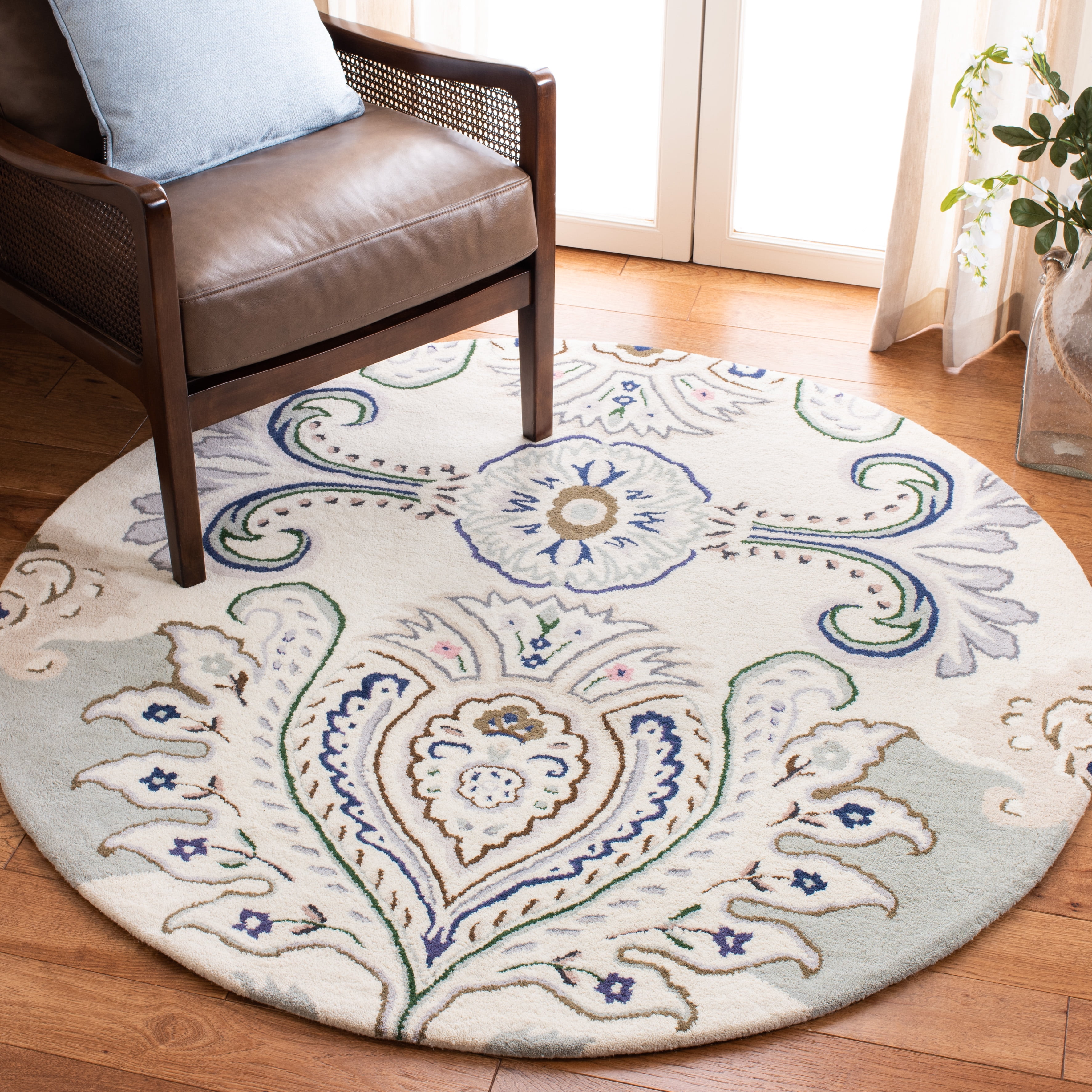 SAFAVIEH Bella Meriel Southwestern Wool Area Rug, Ivory/Blue, 5' x 5' Round