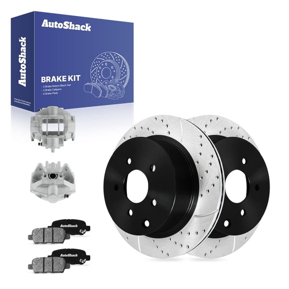 AutoShack Rear Vented Drilled & Slotted E-Coated Brake Rotors   Ceramic Pads   Calipers 8-PC Brake Kit Replacement for 2014 INFINITI Q60 ShadowGuard 12.12" (307.8 mm)