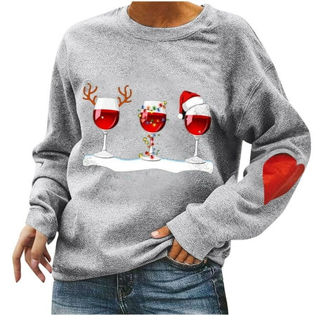 

jsaierl Womens Christmas Sweatshirts Long Sleeve Wine Glasses Graphic Top Workout Crewneck Sweatshirt Dressy Casual Pullover Christmas Gifts for Women