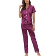 thumbnail image 5 of SWSMCLT Women's Satin Pajamas 2 Piece Pjs Summer Fall Button Pajama Set Soft Short Sleeve Pant Silky Lightweight Cool Spring Purple X-Large, 5 of 5
