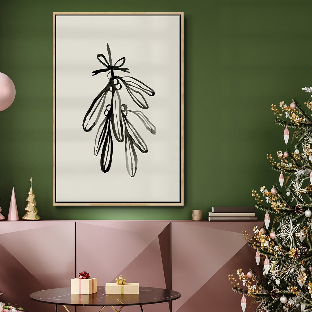 Mistletoe Sketch with Bows I - Framed Gallery Wrapped Holiday Canvas - 17 x 25 - Natural Wood Frame