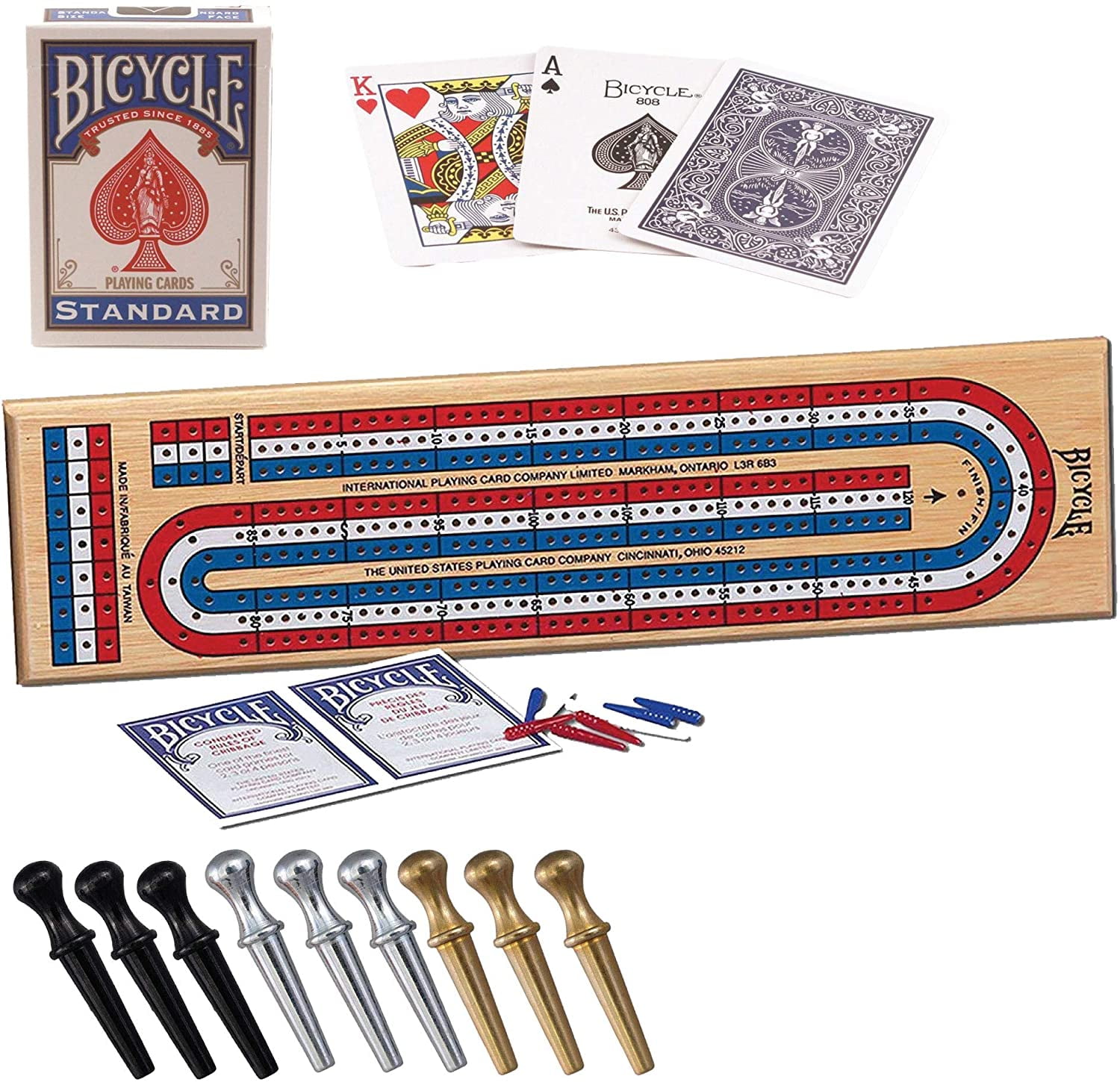 Cribbage Board by Bicycle 3Track Colour Coded Real Pine Wood Cribbage