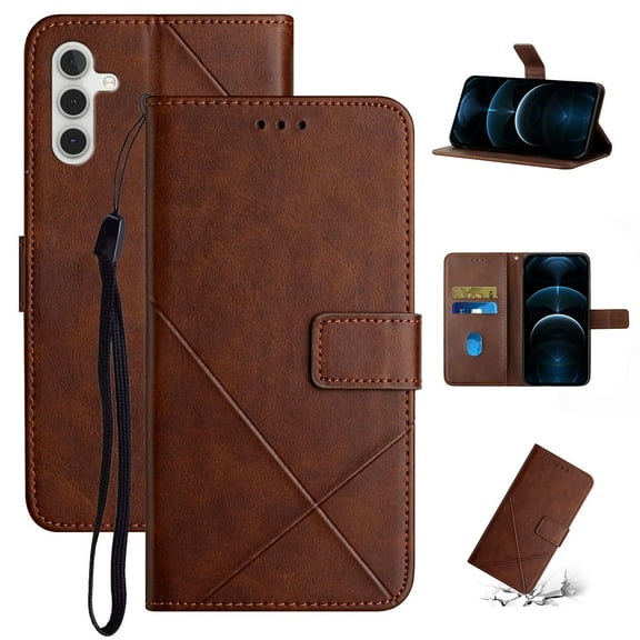 SaniMore for Samsung Galaxy A54 5G Wallet Case with Wrist Strap Magnetic Clasp, Card Slots PU Leather Skin Shockproof TPU Inner Anti-drop Flip Stand Business Shell Wear-resistant - Darkbrown