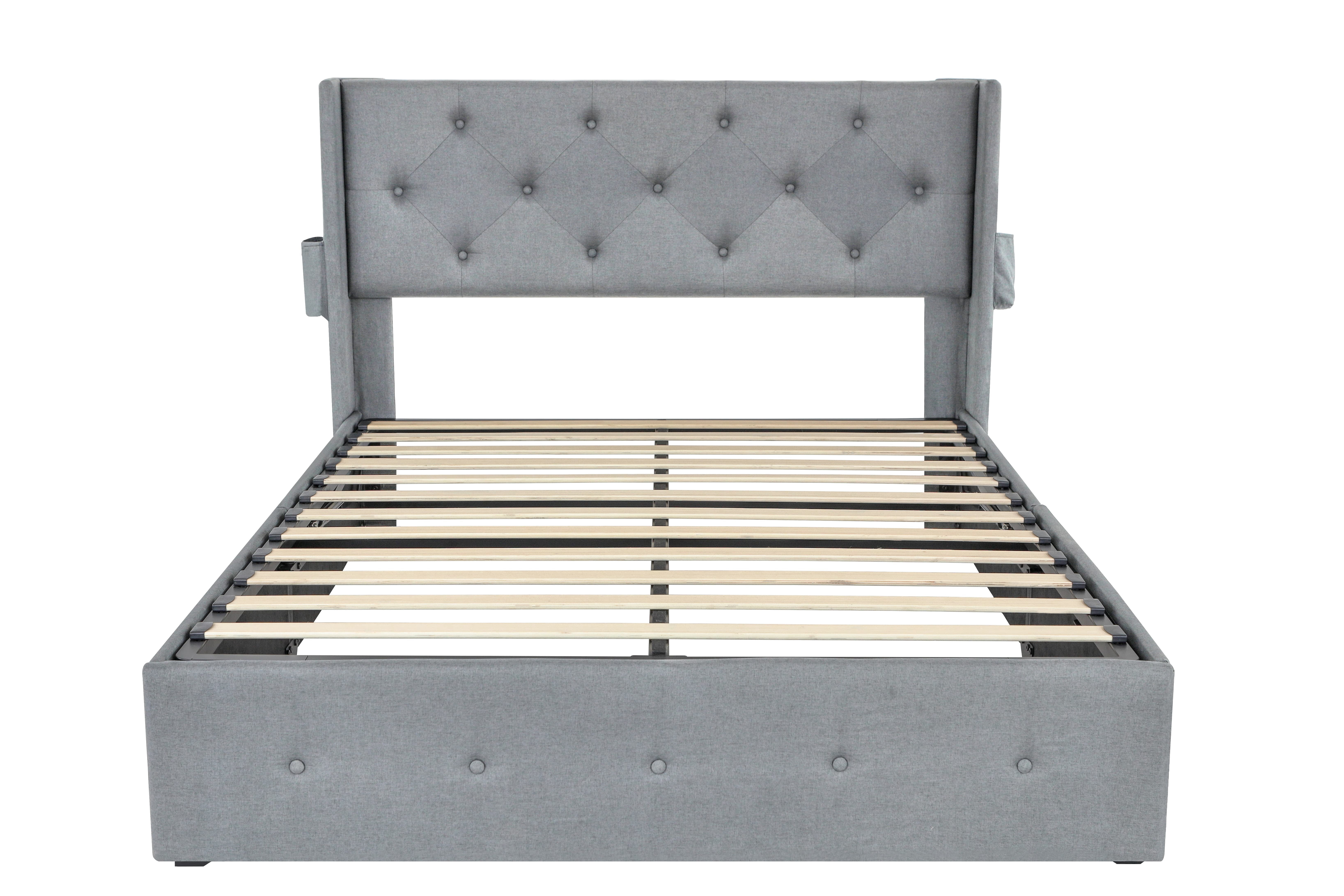 Euroco Full Size Platfrom Bed with Lift Up Storage and Wingback Headboard, USP Ports, Light Grey