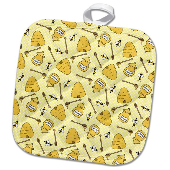 3dRose, Cute Bees, Bee Hives, and Honey Pots Pattern, 8x8 Potholder