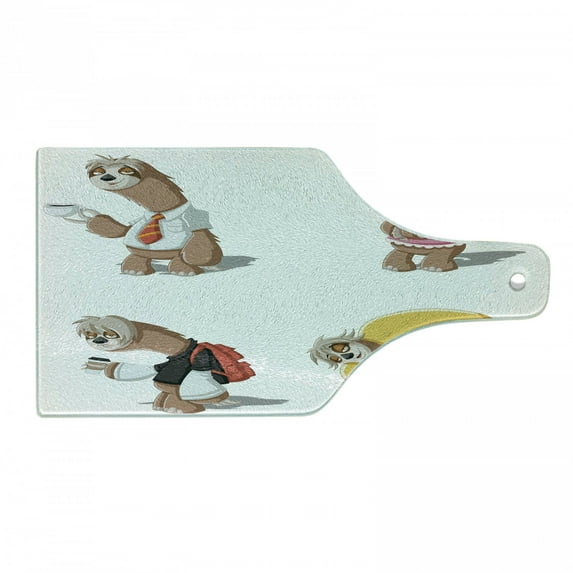 Sloth Cutting Board, Cartoon Lazy Sloths Family Father Mother Resting Drinking Coffee Going to Work, Decorative Tempered Glass Cutting and Serving Board, Wine Bottle Shape, Multicolor, by Ambesonne