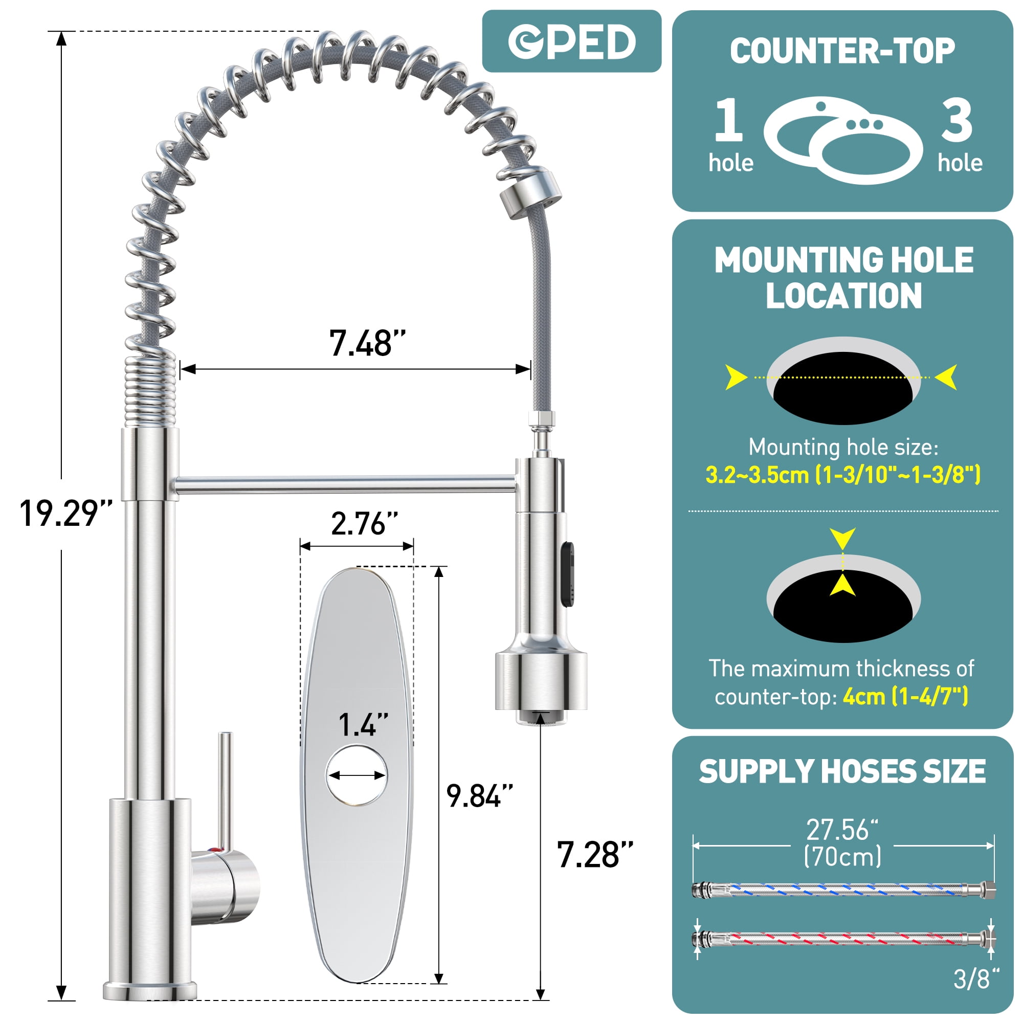 GPED Kitchen Faucet with Pull Down Sprayer, Single Handle Spring Kitchen Sink Faucet w/ 3-Modes LED Light, SUS304 Stainless Steel, High Arc Sink Faucet with Deck Plate & Water pipes for Rv, Laundry
