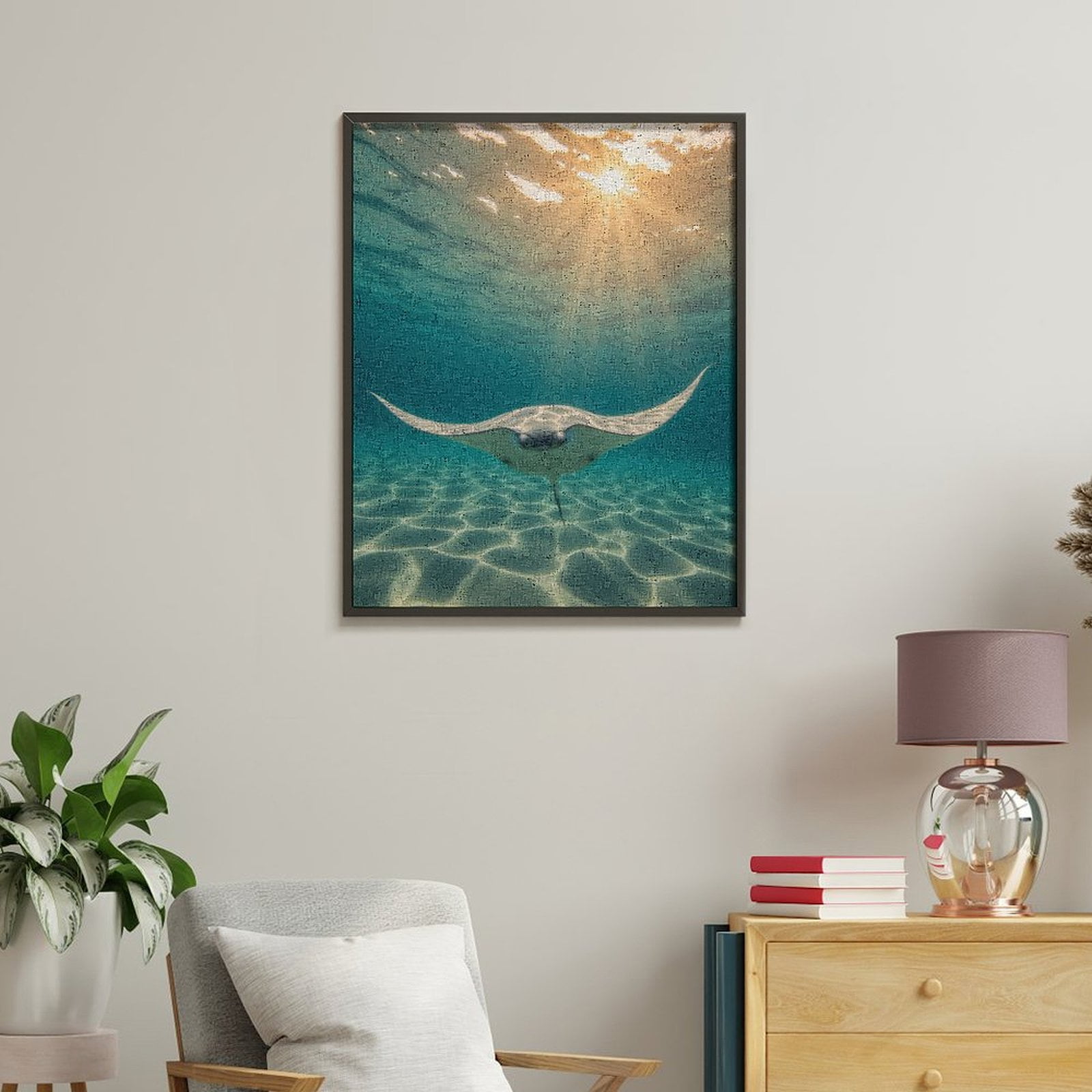 Paint by Numbers Kit for Adults, Sunlit Ocean Rays Manta Swimming Paint by Numbers, Easy Paint by Numbers Kit for Adults Beginner, DIY Adult Paint by Number Kits on Canvas, Home Decor