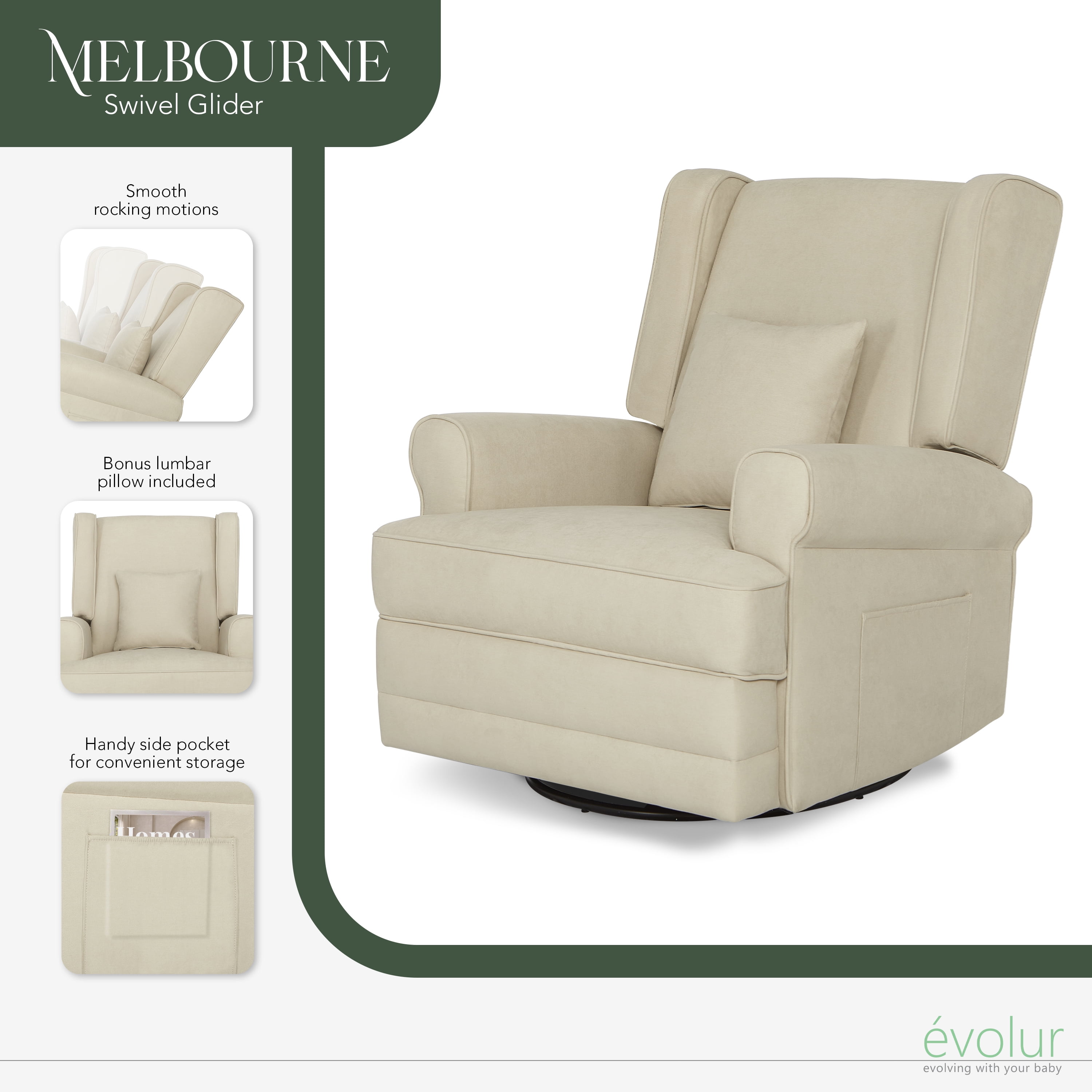 Evolur Melbourne Wing Back Swivel Glider I Nursery Glider I Durable Soft Fabric I Bonus Pillow In Shell