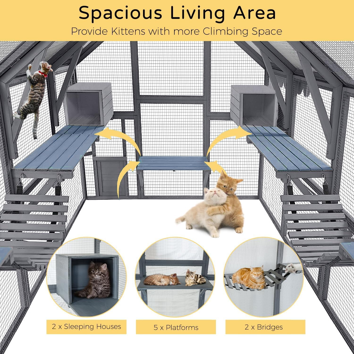 Large Catio Outdoor Cat House Enclosure Wooden Cat Cage Kitten Condo for Multiple Pets Walk in, with Bouncy Bridge, Platforms, Small Houses and Weatherproof Roof - 111”x74”x74”