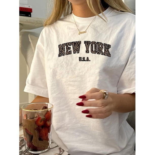 1pc Vintage Style Women'S T-Shirt, New York uSa Print, Short Sleeve, Round Neck, Cotton, Casual Summer Top, Geometric Pattern, Regular Length