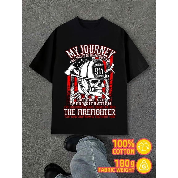 Greenink Firefighter Journey for men black 180G 100% Cotton Spring and summer outdoor wear Retro Unisex Shirt Graphic Tee tshirts Trendy Unisex Shirt Cotton tshirts