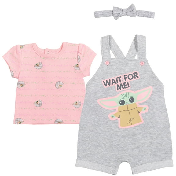 Star Wars The Child Newborn Baby Girls French Terry Snap Short Overalls T-Shirt and Headband 3 Piece Outfit Set Newborn to Infant