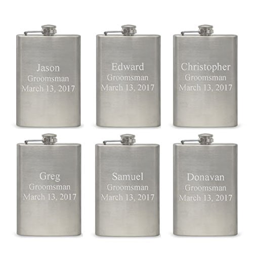 Hip Flask Holding 8 oz - Pocket Size, Stainless Steel, Rustproof, Screw-On Cap - Metallic Grey Finish Perfect for Engraving - Set of 6