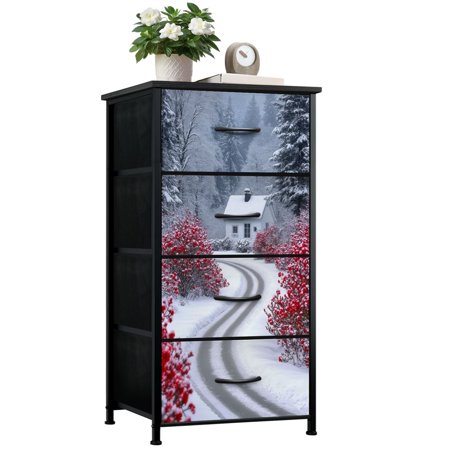Dresser for Bedroom with 4 Storage Drawers Winter Cabin Snowy Forest Red Flowers Aspen Tree Landscape Snow Dressers Chest of Drawers Steel Framed Fabric Closet Organizers for Entryway