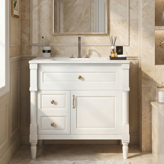 36" Bathroom Vanity with Sink, Rubberwood Bathroom Cabinet with 1 Flip Drawer & Adjustable Shelf, 1 Cabinet Door with Built-in Double Shelves & 2 Drawers, White