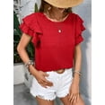 thumbnail image 3 of Womens Summer Tops Ruffle Short Sleeve Crewneck Shirts Textured Ladies Elegant Business Blouses Dressy Casual Red L, 3 of 7