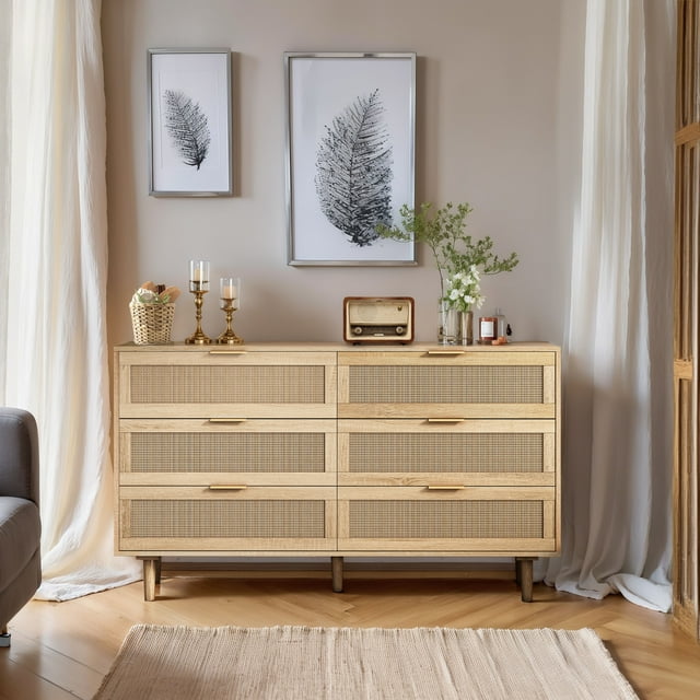 HMYG 51.18"6-Drawers Rattan Storage Cabinet Rattan Drawer,for Bedroom,Living Room,Natural