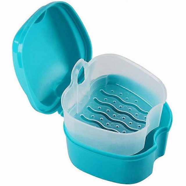 Blue Denture Case, Denture Cup with Strainer, Denture Bath Box False Teeth Storage Box with Basket Net Container Holder for Travel