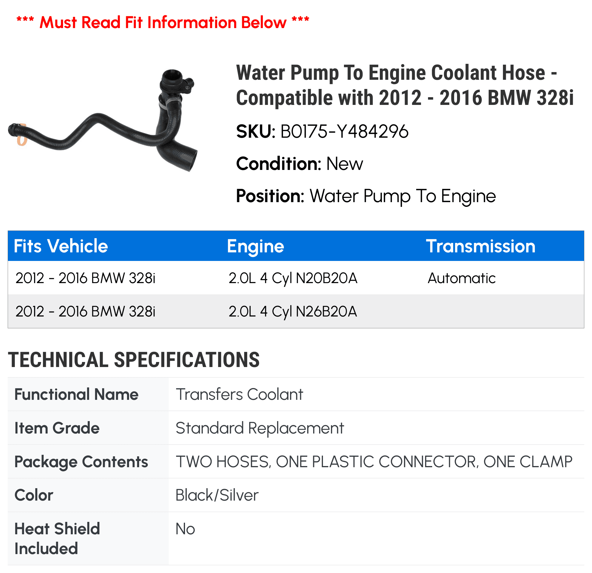 Water Pump To Engine Coolant Hose - Compatible with 2012 - 2016 BMW 328i 2013 2014 2015
