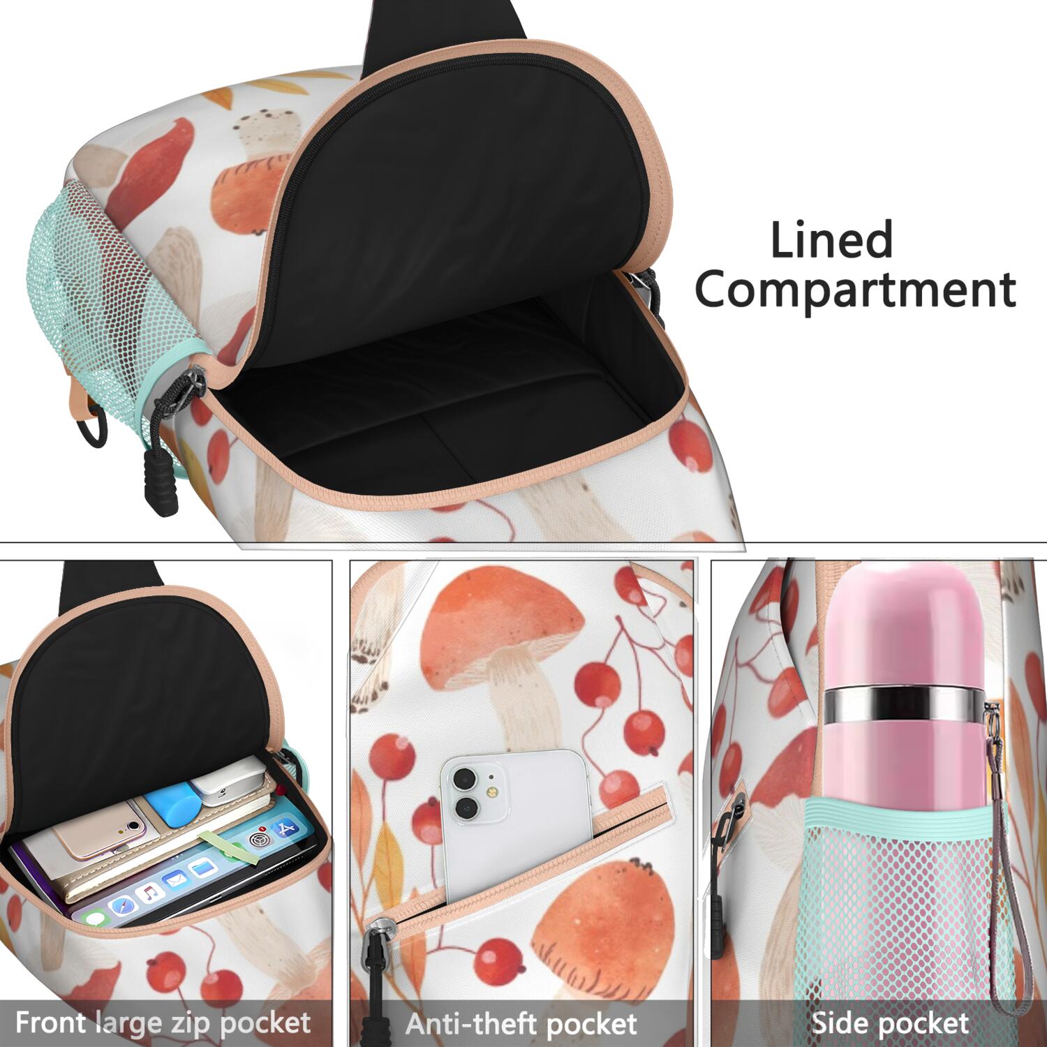 Sling Backpack Mushroom Hiking Daypack Crossbody Casual Bag for Men Women