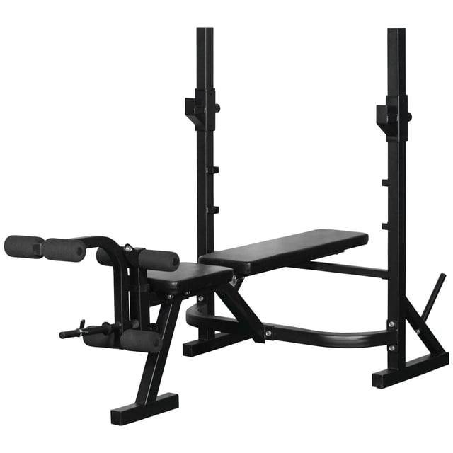 Soozier Weight Bench – Adjustable Flat Incline Decline Workout Bench with Squat Rack & Leg Developer, Black Steel Frame, 68.9” x 38.6” – Home Gym Strength Training