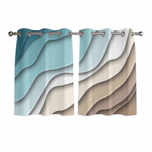 Teal Blue Ombre Cream Kitchen Curtains Short 54 Inch Length, Modern Geometric Brown Aesthetic Grommet Top Bedroom Living Room Curtains, Light Filtering Cafe Curtain Drapes 2 Panels Set 84''x54''